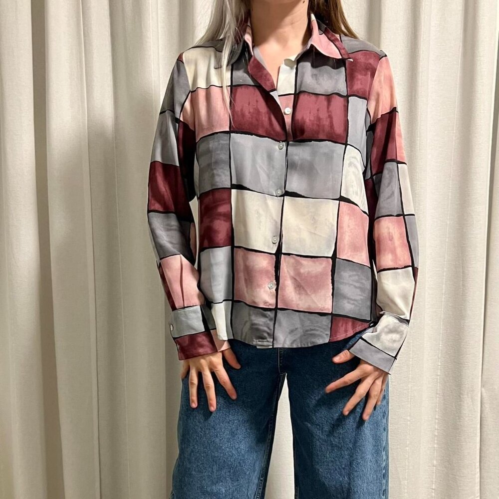 Pink And Grey Vintage Dressbarn Patchwork Shirt Size M